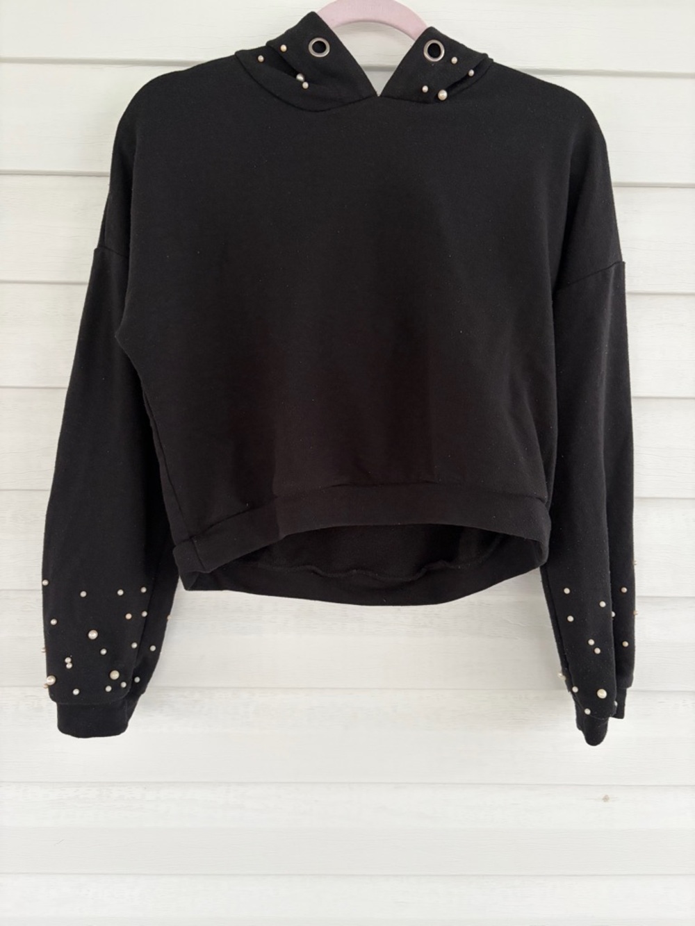 Black Sweatshirt with Pearl Embellishments